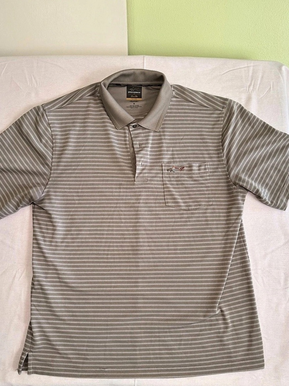 Greg Norman Striped Polo in Gray & White Size Medium